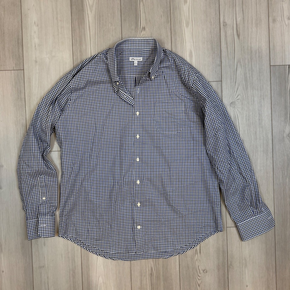Peter Millar Mens XL Blue Gingham Check Cotton Button Down Shirt MS20W100NBL